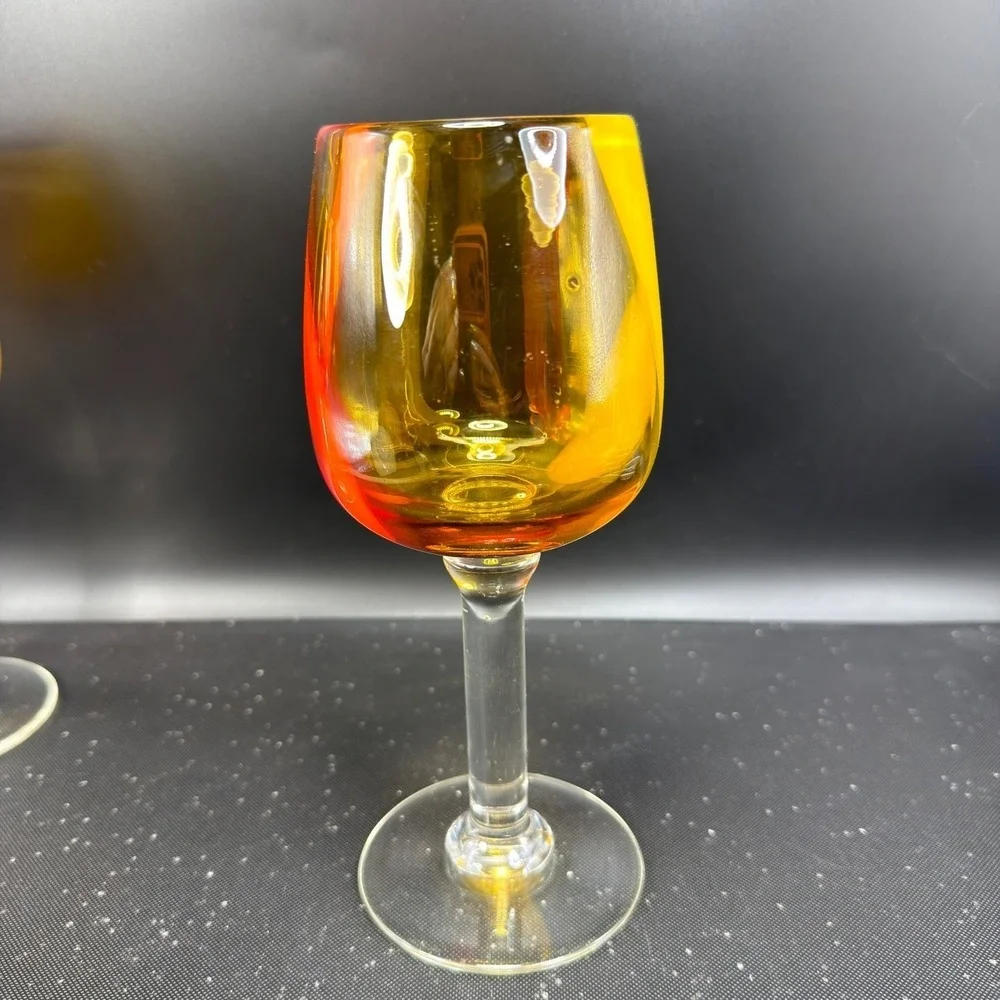 Pier 1 Hand Blown Art Glass Cups Glasses Set 2 Amber Red Yellow Swirl Stripe